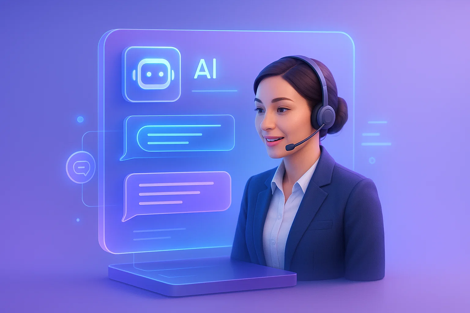 AI customer support chatbot interface with holographic elements, modern UI design, purple and blue gradient, professional support agent