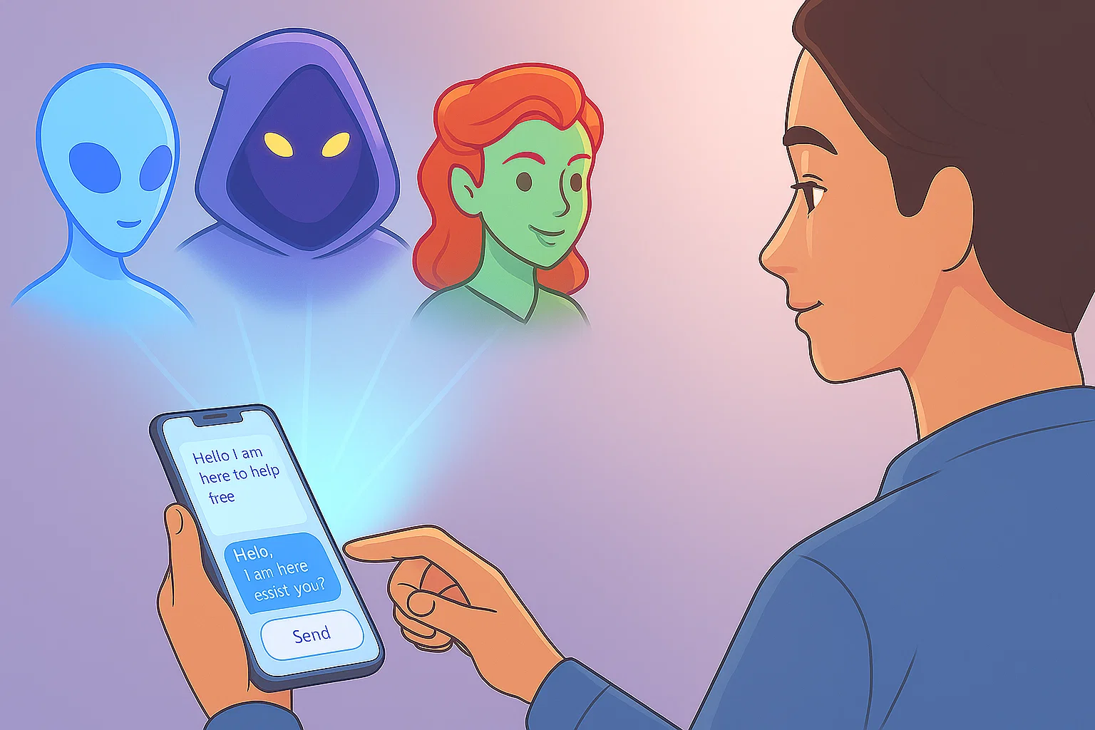 Mobile chat interface showing AI personalities and authentication prompts.
