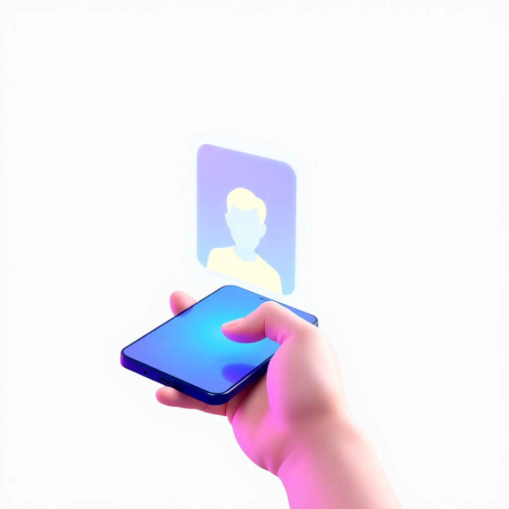 3D illustration of a person holding a smartphone with a glowing holographic avatar badge floating above it, modern digital identity concept, purple and blue gradient colors, clean minimalist style