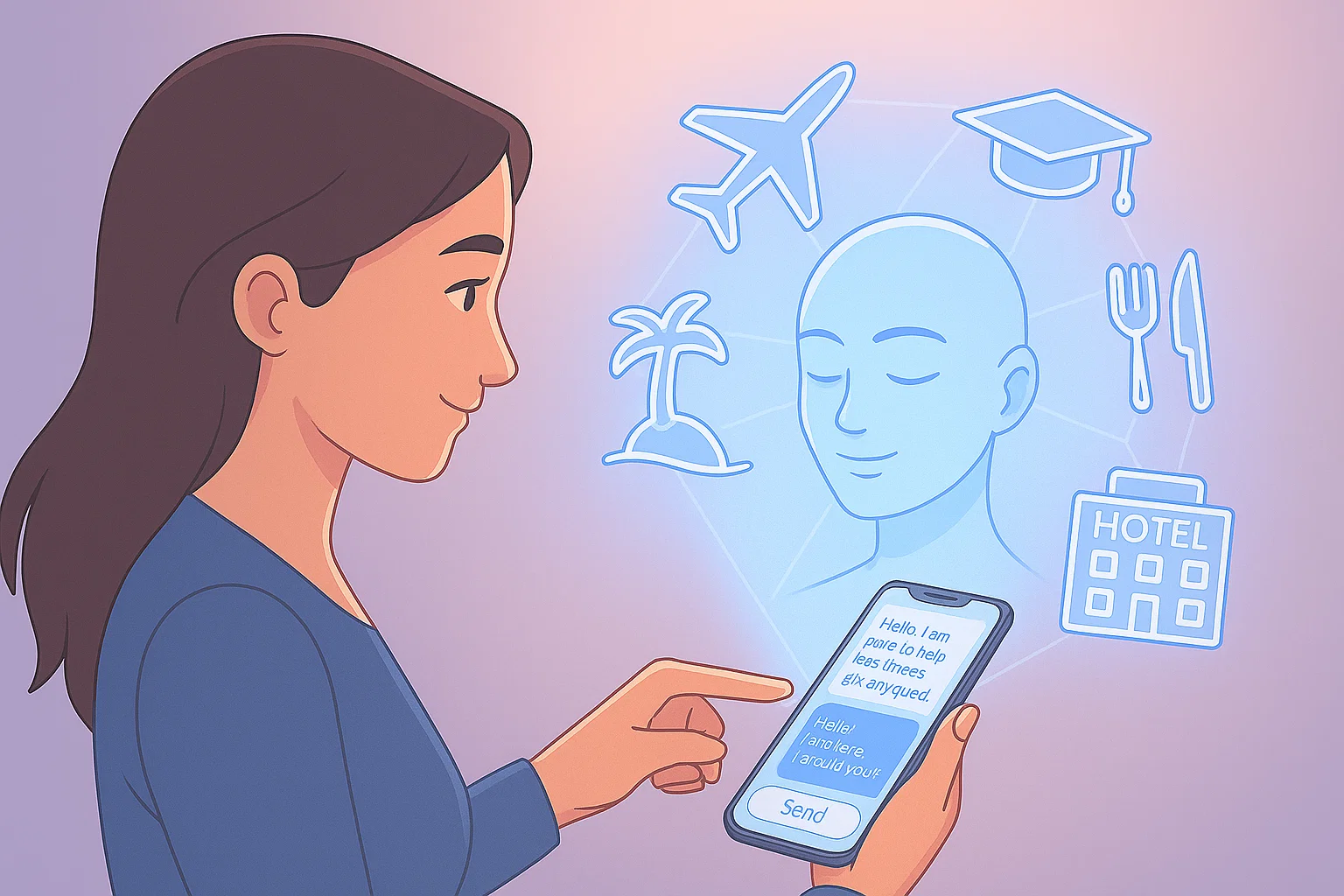 Mobile chat interface showing AI personalities and authentication prompts.