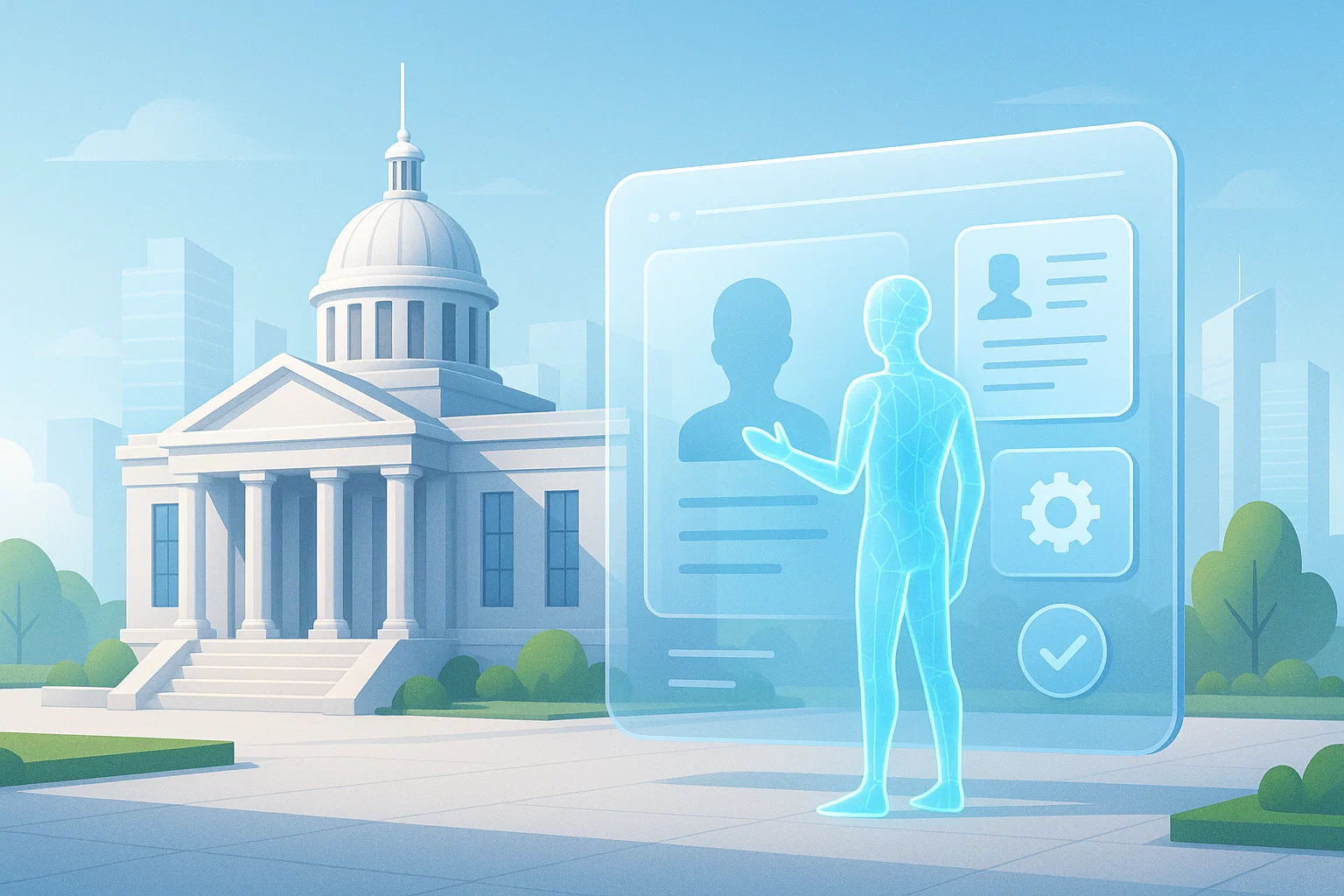 government digital services portal with official building architecture, transparent AI system, public administration technology, civic tech
