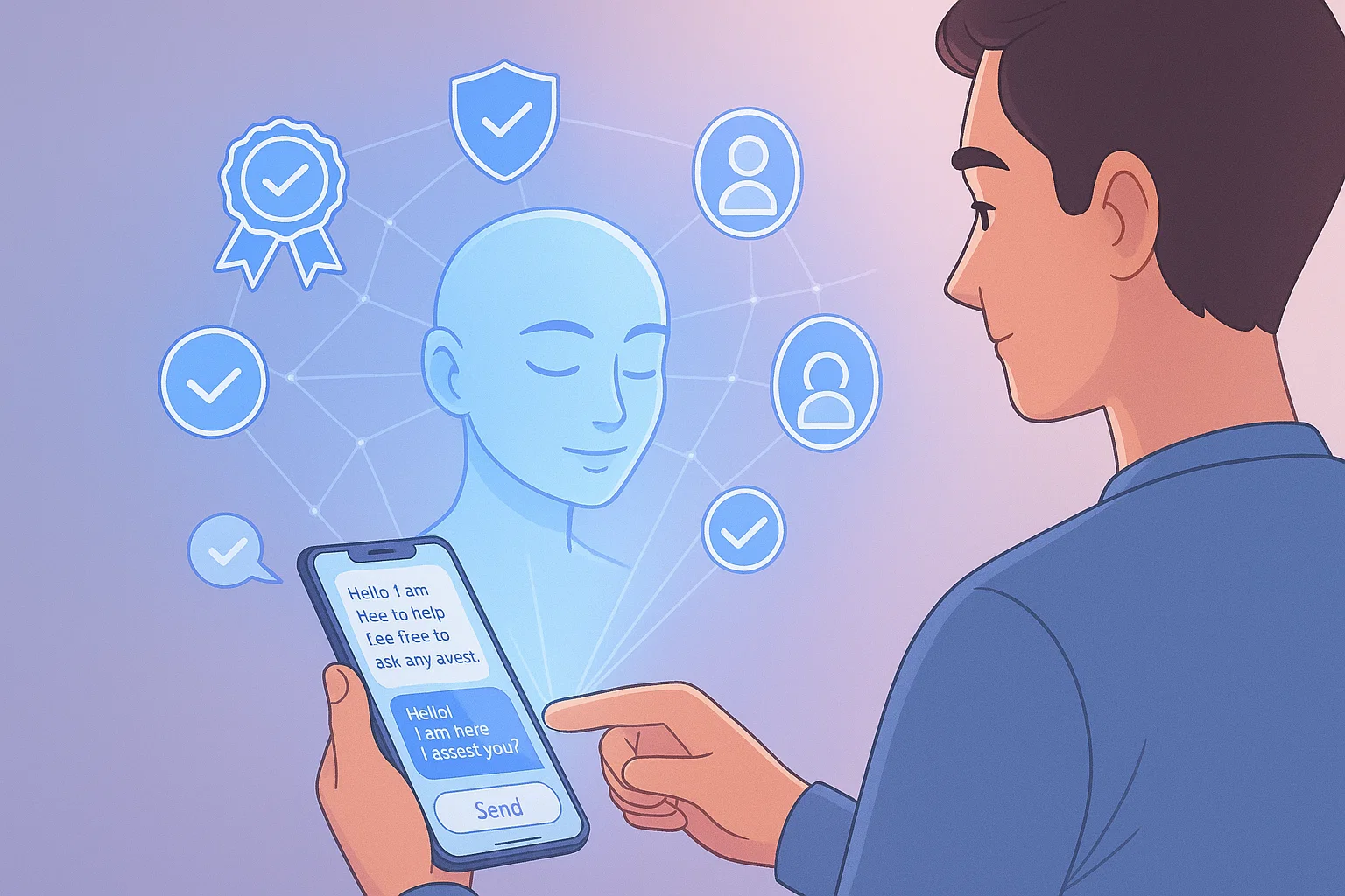 futuristic hologram interface with AI chatbot conversation, purple and blue gradient, modern UI design, verifiable credentials floating