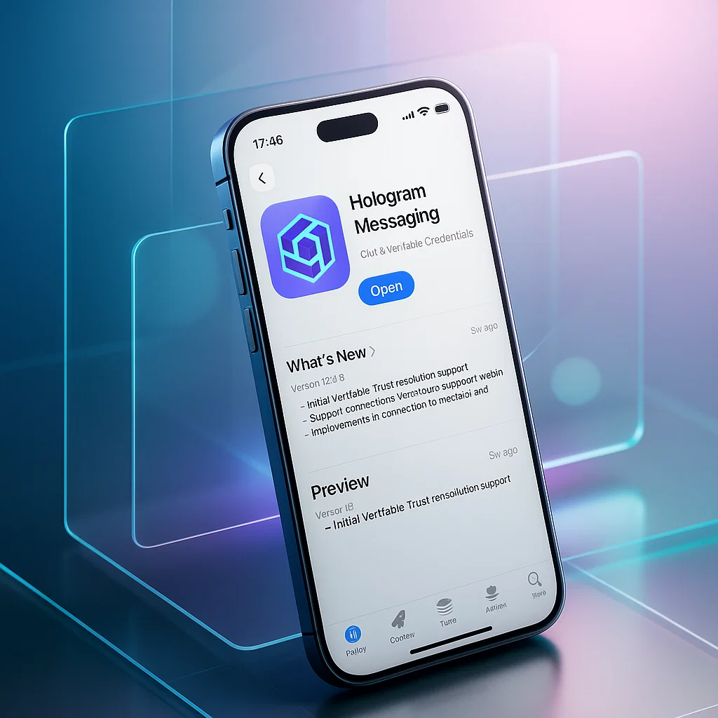 mobile app interface mockup showing Hologram verifiable AI services, smartphone screen with purple gradient UI, holographic elements, modern app design